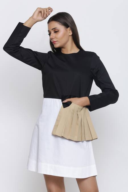 Shop Escape By Aishwarya Black Cotton Satin Round Neck Pleated Patch Colorblock Dress Online at Aza Fashions Shop_Escape By Aishwarya_Black Cotton Satin Round Neck Pleated Patch Colorblock Dress _Online_at_Aza_Fashions
