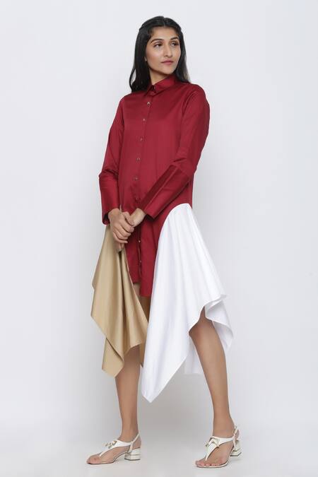 Escape By Aishwarya_Maroon Cotton Satin Shawl Neck, Collared Draped Shirt Dress _Online_at_Aza_Fashions