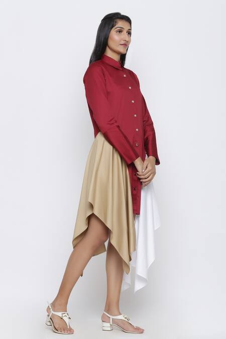 Buy_Escape By Aishwarya_Maroon Cotton Satin Shawl Neck, Collared Draped Shirt Dress _Online_at_Aza_Fashions