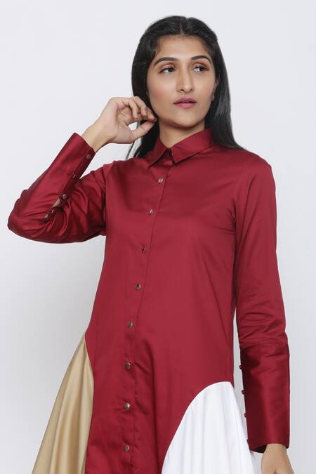 Shop_Escape By Aishwarya_Maroon Cotton Satin Shawl Neck, Collared Draped Shirt Dress _Online_at_Aza_Fashions