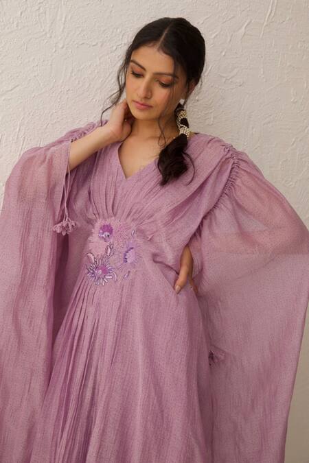 Chandbari_Purple Chanderi Embroidery V-neck Gathered Kaftan And Trouser Set_Online_at_Aza_Fashions