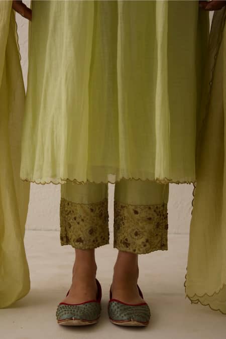 Chandbari_Green Chanderi Embroidered Coin Tassels V Neck Yoke Anarkali Set_Online_at_Aza_Fashions