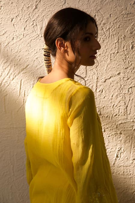 Chandbari_Yellow Chanderi Embroidered Dori And Sequin Work Round Neck Kurta Set_Online_at_Aza_Fashions