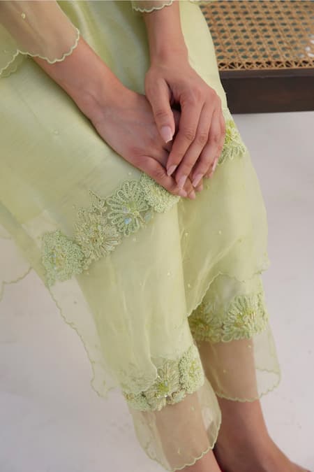 Chandbari_Green Chanderi Embroidery Round Neck Kurta And Palazzo Set_Online_at_Aza_Fashions