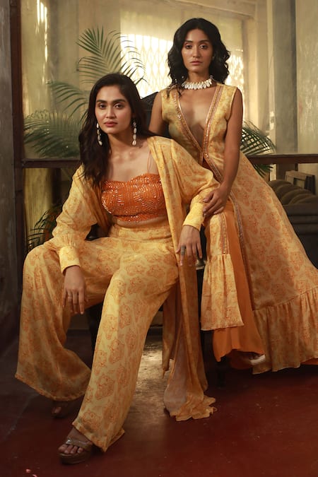 Suave_Orange Crepe, Chiffon, Silk Beads Sweetheart Lynx Embroidered Jacket Pant Set _Online_at_Aza_Fashions