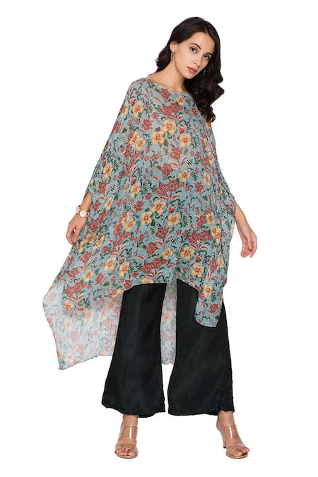 Soup By Sougat Paul_Green Twill, Sequin Fabric Round Printed Kaftan Tunic And Pant Set _Online_at_Aza_Fashions