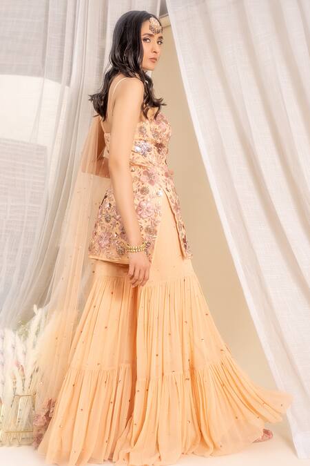 Shop Silky Bindra Beige Georgette, Shantoon, Tulle Net Square Neck Embroidered Kurta And Sharara Set at Aza Fashions Shop_Silky Bindra_Beige Georgette, Shantoon, Tulle Net Square Neck Embroidered Kurta And Sharara Set _at_Aza_Fashions