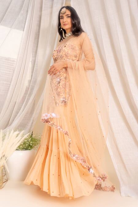 Silky Bindra Beige Georgette, Shantoon, Tulle Net Square Neck Embroidered Kurta And Sharara Set Online at Aza Fashions Silky Bindra_Beige Georgette, Shantoon, Tulle Net Square Neck Embroidered Kurta And Sharara Set _Online_at_Aza_Fashions