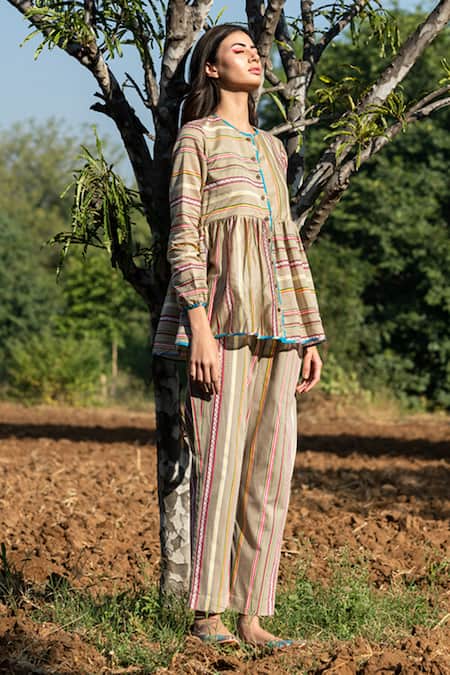 Rang Swati Vijaivargie_Beige Cotton Satin Round Striped Peplum Shirt _Online_at_Aza_Fashions