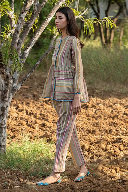 Buy_Rang Swati Vijaivargie_Beige Cotton Satin Round Striped Peplum Shirt _Online_at_Aza_Fashions