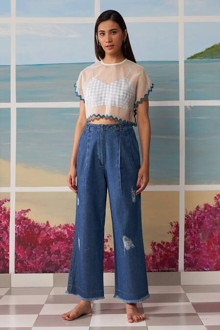 Buy_Ikai By Ragini Ahuja_Blue Cotton Silk, Thin Chanderi Bralette V Neck Crop Top Round Kaftan With_Online_at_Aza_Fashions