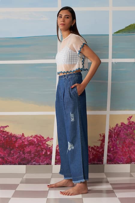 Ikai By Ragini Ahuja_Blue Cotton Silk, Thin Chanderi Bralette V Neck Crop Top Round Kaftan With_Online_at_Aza_Fashions