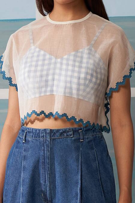 Shop_Ikai By Ragini Ahuja_Blue Cotton Silk, Thin Chanderi Bralette V Neck Crop Top Round Kaftan With_Online_at_Aza_Fashions