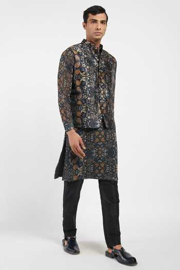 Rabani & Rakha_Black Kurta Georgette Bundi Dupion Pant Cotton Silk Floral Print Set _Online_at_Aza_Fashions