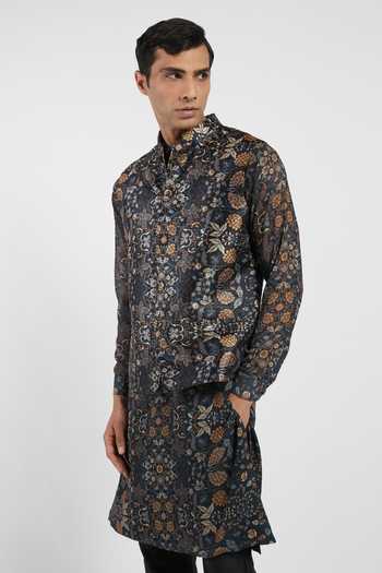 Buy_Rabani & Rakha_Black Kurta Georgette Bundi Dupion Pant Cotton Silk Floral Print Set _Online_at_Aza_Fashions