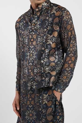 Shop_Rabani & Rakha_Black Kurta Georgette Bundi Dupion Pant Cotton Silk Floral Print Set _Online_at_Aza_Fashions