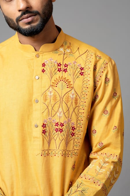 PAARSH_Yellow Kurta Linen Pajama Pant Malai Cotton Embroidered Set_Online_at_Aza_Fashions