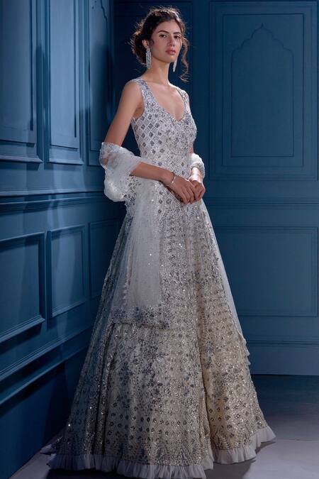 Buy Angad Singh White Net V Neck Sequin Embellished Gown Online at Aza Fashions Buy_Angad Singh_White Net V Neck Sequin Embellished Gown _Online_at_Aza_Fashions