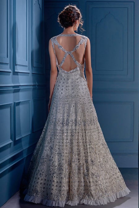 Shop Angad Singh White Net V Neck Sequin Embellished Gown at Aza Fashions Shop_Angad Singh_White Net V Neck Sequin Embellished Gown _at_Aza_Fashions