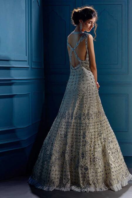 Shop Angad Singh White Net V Neck Sequin Embellished Gown Online at Aza Fashions Shop_Angad Singh_White Net V Neck Sequin Embellished Gown _Online_at_Aza_Fashions