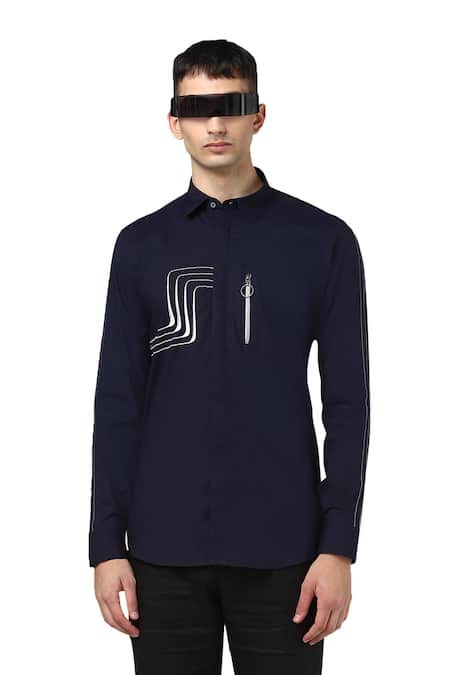 Noonoo Blue 100% Giza Cotton Embroidered Shirt 