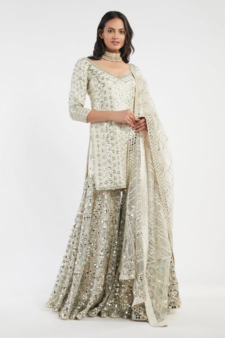 Abhinav Mishra Beige Kurta Silk Sharara Net And Silk Mirror Embellished Set 