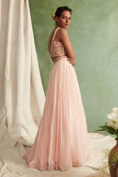 Priyanka Jain Pink Lehenga Georgette Dupatta Organza Chanderi Sweetheart Neck Pleated Set Online at Aza Fashions Priyanka Jain_Pink Lehenga Georgette Dupatta Organza Chanderi Sweetheart Neck Pleated Set _Online_at_Aza_Fashions