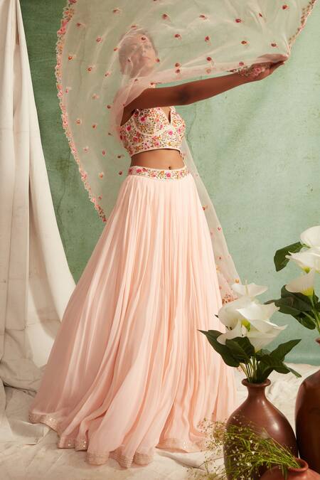 Buy Priyanka Jain Pink Lehenga Georgette Dupatta Organza Chanderi Sweetheart Neck Pleated Set Online at Aza Fashions Buy_Priyanka Jain_Pink Lehenga Georgette Dupatta Organza Chanderi Sweetheart Neck Pleated Set _Online_at_Aza_Fashions