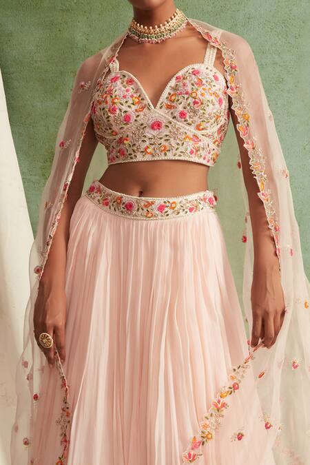 Priyanka Jain Pink Lehenga Georgette Dupatta Organza Chanderi Sweetheart Neck Pleated Set at Aza Fashions Priyanka Jain_Pink Lehenga Georgette Dupatta Organza Chanderi Sweetheart Neck Pleated Set _at_Aza_Fashions