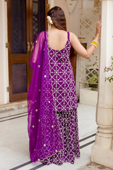 Shop Gulabo Jaipur Purple Dupatta Organza, Kurta And Sharara Georgette Bahaar Embroidered Set at Aza Fashions Shop_Gulabo Jaipur_Purple Dupatta Organza, Kurta And Sharara Georgette Bahaar Embroidered Set _at_Aza_Fashions