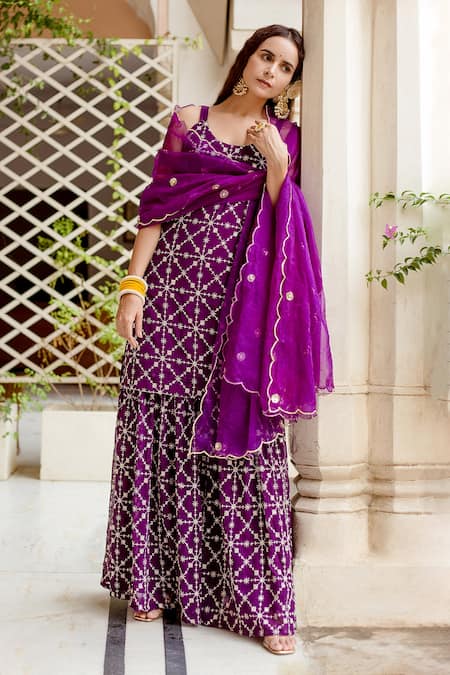 Gulabo Jaipur Purple Dupatta Organza, Kurta And Sharara Georgette Bahaar Embroidered Set Online at Aza Fashions Gulabo Jaipur_Purple Dupatta Organza, Kurta And Sharara Georgette Bahaar Embroidered Set _Online_at_Aza_Fashions