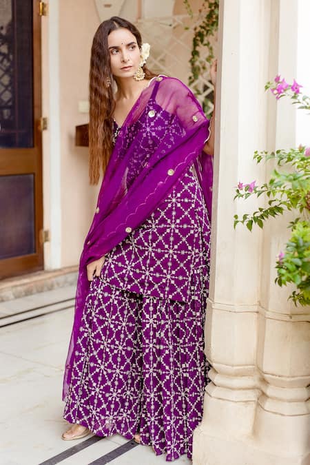 Buy Gulabo Jaipur Purple Dupatta Organza, Kurta And Sharara Georgette Bahaar Embroidered Set Online at Aza Fashions Buy_Gulabo Jaipur_Purple Dupatta Organza, Kurta And Sharara Georgette Bahaar Embroidered Set _Online_at_Aza_Fashions