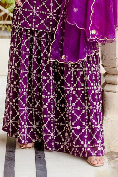 Gulabo Jaipur Purple Dupatta Organza, Kurta And Sharara Georgette Bahaar Embroidered Set at Aza Fashions Gulabo Jaipur_Purple Dupatta Organza, Kurta And Sharara Georgette Bahaar Embroidered Set _at_Aza_Fashions