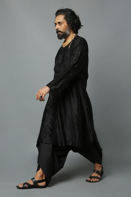 House Of Three_Black Cotton Silk Chanderi Embroidered Chikan Arsalan Angrakha Kurta  _Online_at_Aza_Fashions