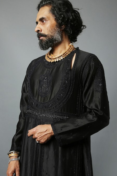 Buy_House Of Three_Black Cotton Silk Chanderi Embroidered Chikan Arsalan Angrakha Kurta  _Online_at_Aza_Fashions