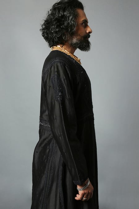 Shop_House Of Three_Black Cotton Silk Chanderi Embroidered Chikan Arsalan Angrakha Kurta  _Online_at_Aza_Fashions