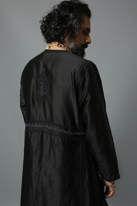 House Of Three_Black Cotton Silk Chanderi Embroidered Chikan Arsalan Angrakha Kurta  _at_Aza_Fashions