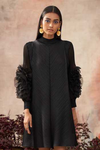 Shop_Pleats By Aruni_Black Pleated Plain Round High Neck Dress_Online_at_Aza_Fashions