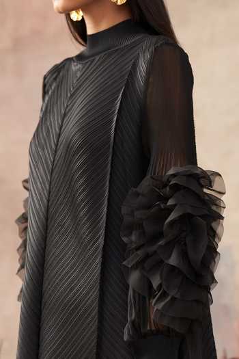 Pleats By Aruni_Black Pleated Plain Round High Neck Dress_at_Aza_Fashions