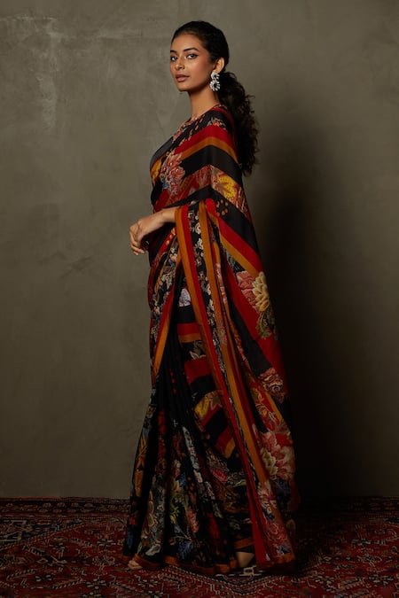 Buy_RI.Ritu Kumar_Black 100% Silk Floral, Stripe Round Embroidered Saree With Blouse _Online_at_Aza_Fashions