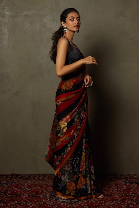 Shop_RI.Ritu Kumar_Black 100% Silk Floral, Stripe Round Embroidered Saree With Blouse _Online_at_Aza_Fashions
