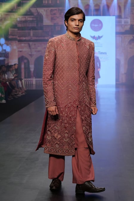 Soniya G_Pink Raw Silk Zari Work Embroidered Sherwani And Palazzo Set _Online_at_Aza_Fashions