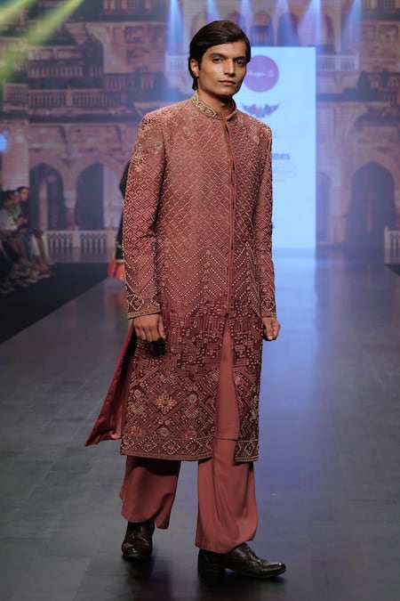 Buy_Soniya G_Pink Raw Silk Zari Work Embroidered Sherwani And Palazzo Set _Online_at_Aza_Fashions