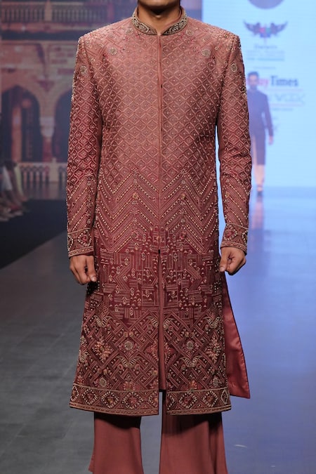 Shop_Soniya G_Pink Raw Silk Zari Work Embroidered Sherwani And Palazzo Set _Online_at_Aza_Fashions
