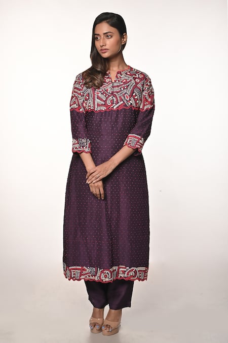Soumodeep Dutta_Purple Chanderi Embroidered Floral Stich Notched Hand Kurta With Pant_Online_at_Aza_Fashions