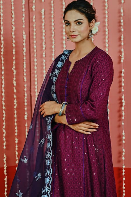 Buy Myaara Purple Cotton, Organza Embroidery, Sequins Collared Kurta Set Buy_Myaara_Purple Cotton, Organza Embroidery, Sequins Collared Kurta Set
