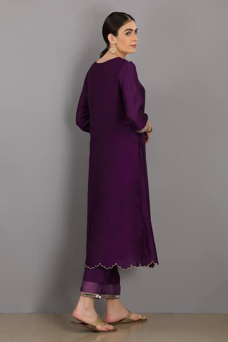 Shop_Asaga_Purple Cotton Pant Mul Cotton Dupatta Organza, Kurta Chanderi Silk Set _at_Aza_Fashions