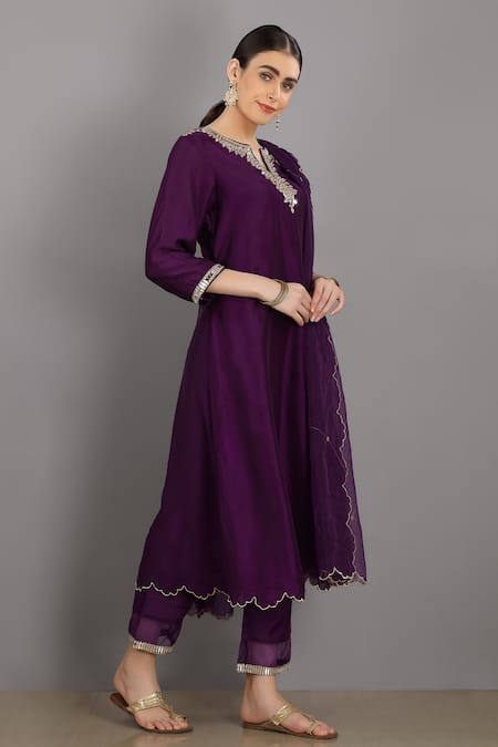Asaga_Purple Cotton Pant Mul Cotton Dupatta Organza, Kurta Chanderi Silk Set _Online_at_Aza_Fashions