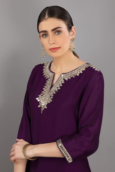 Shop_Asaga_Purple Cotton Pant Mul Cotton Dupatta Organza, Kurta Chanderi Silk Set _Online_at_Aza_Fashions