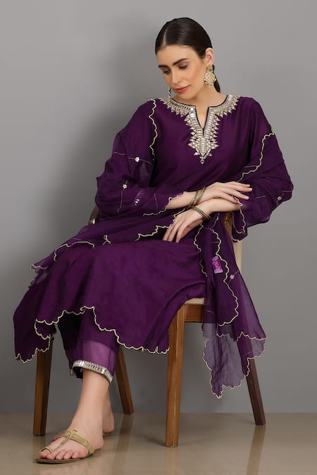 Buy_Asaga_Purple Cotton Pant Mul Cotton Dupatta Organza, Kurta Chanderi Silk Set _Online_at_Aza_Fashions